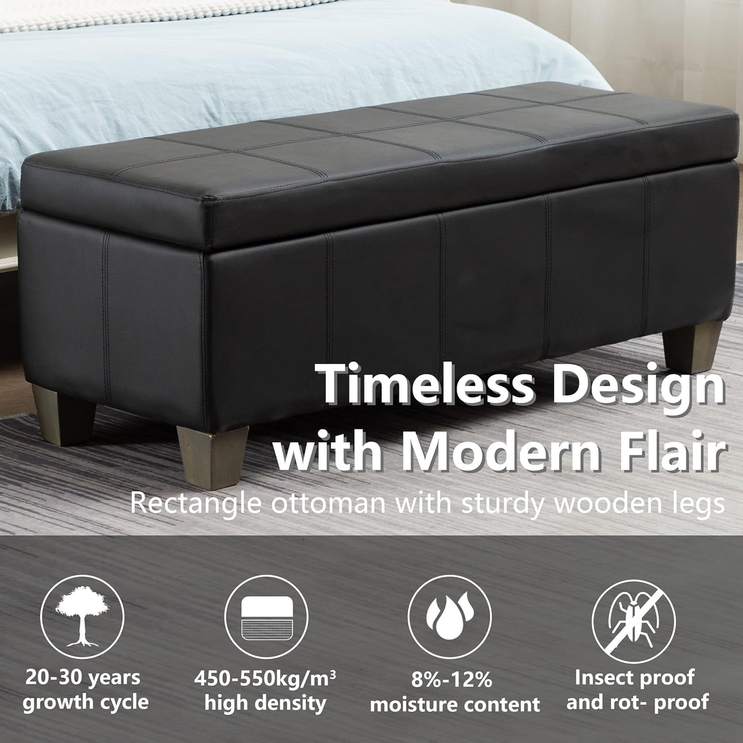 Black Faux Leather Ottoman with Storage, Rectangular Extra Long Storage Bench for Bedroom and Living Room