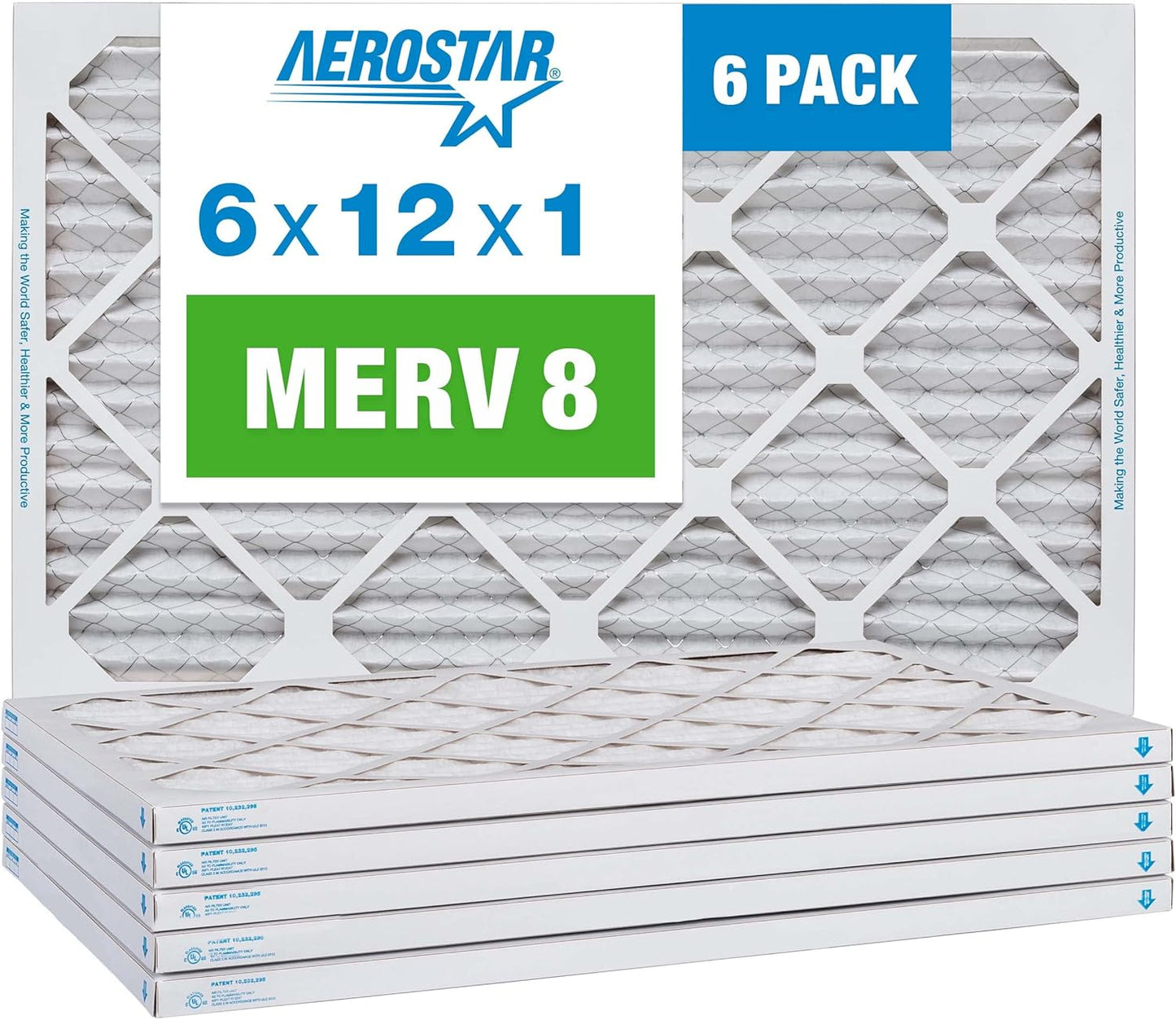 Aerostar 6x12x1 MERV 8 Pleated Air Filter, AC Furnace Air Filter, 6 Pack (Actual Size: 6" x 12" x 1")
