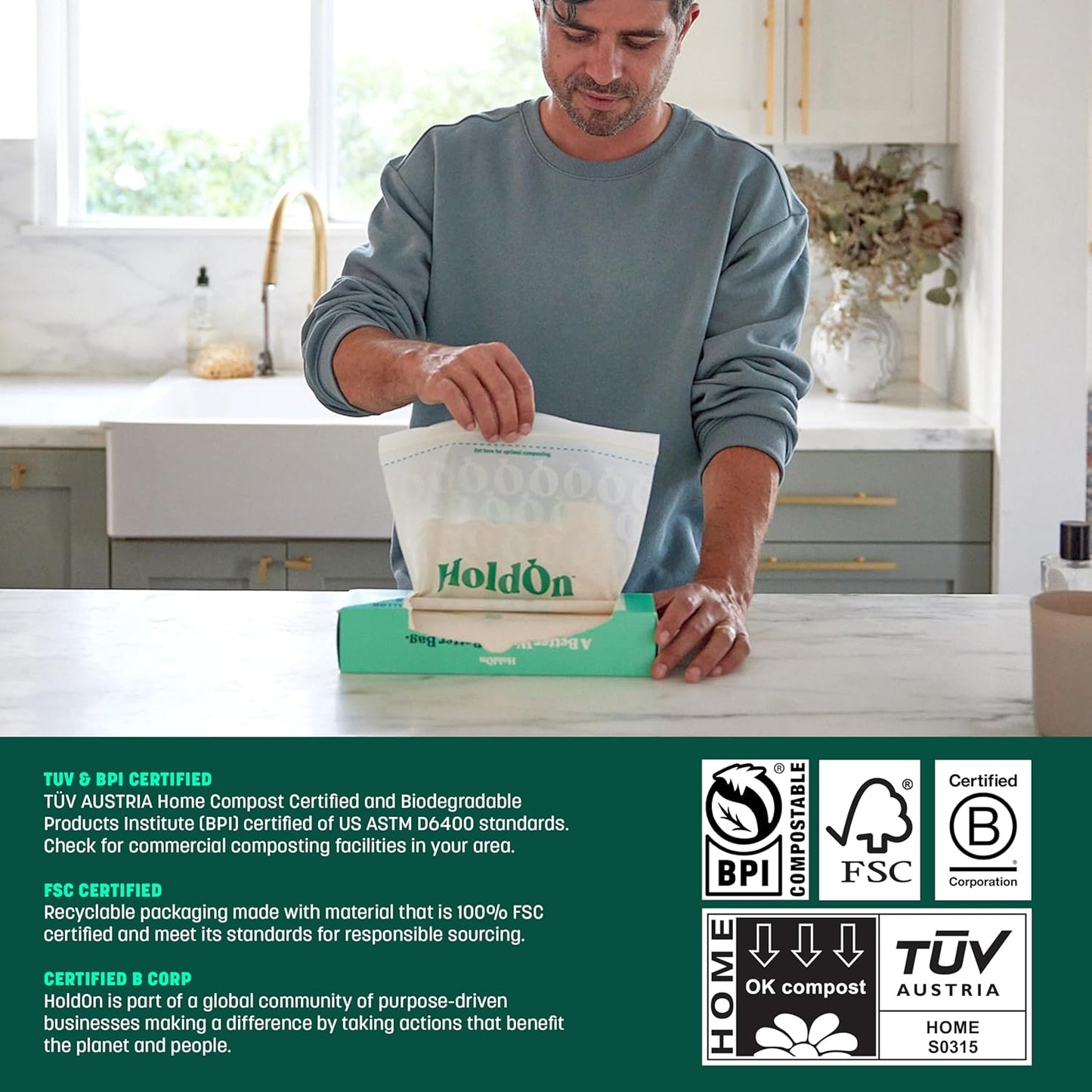 HoldOn HoldOn Zipseal Gallon Bags - Compostable, PFOA-Free, BPA-Free, Food-Safe Zip Seal Food Storage Bags/Freezer-Safe Gallon Bags With Secure Seal for Home & Travel (2-pack, 50 bags total)