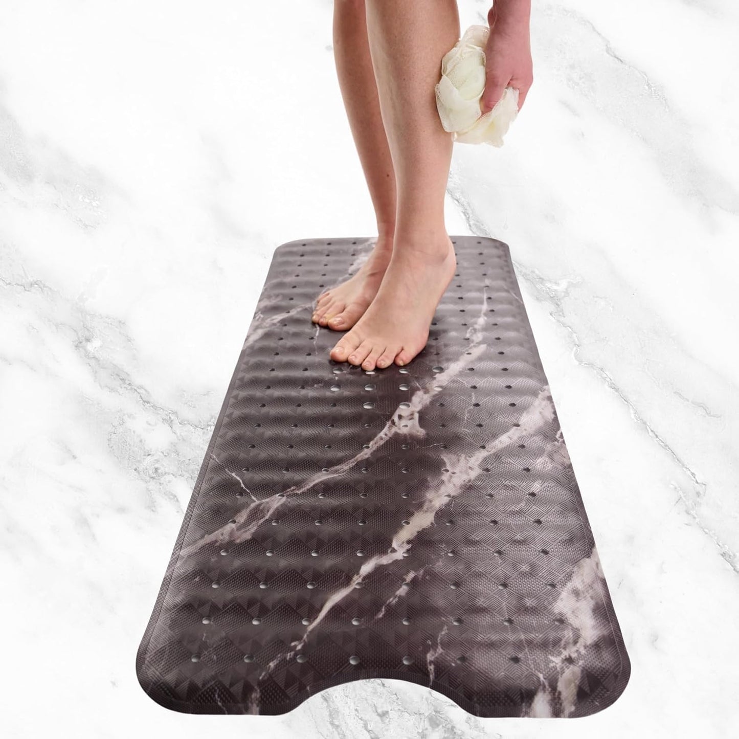 ENKOSI Bath Mat – Large 40 x 16 Inch Non-Slip Bathtub Mat with Secure Anti-Slip Suction Cups & Drain Holes – Extra Long Bathroom Shower Mat for Tub with Black Marble Design (Black Marble 40x16)