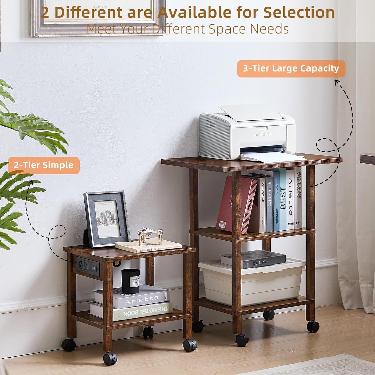 Lerliuo 3 Tier Printer Stand with Storage, Printer Table for Home Office, Wooden Rolling Printer Cart Shelf with Lockable Wheels fit Fax Machine, Scanner(Brown)