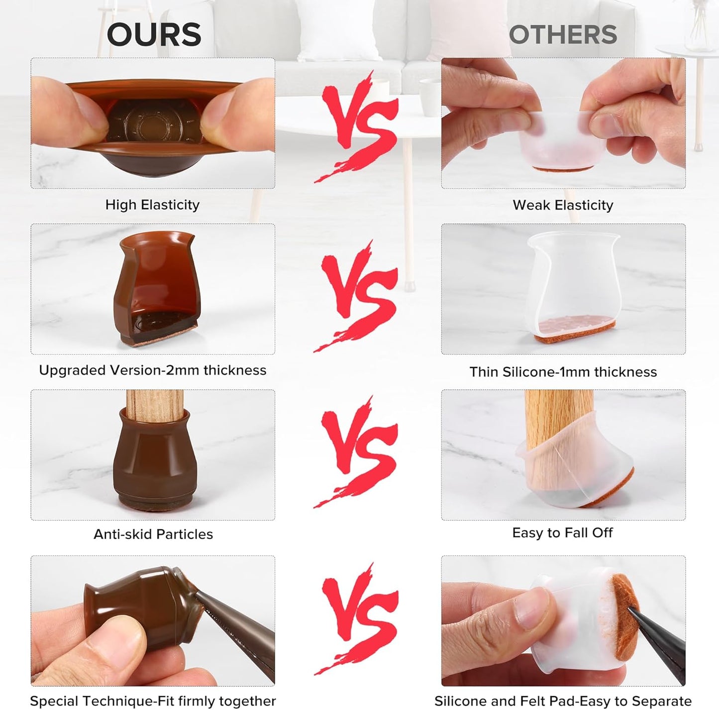 24PCS Upgraded Silicone Chair Leg Floor Protectors for Hardwood Floors, Furniture Sliders for Chair Legs, Felt Bottom Furniture Pads, Anti-Slip Round&Square Cap Covers to Scratch and Reduce Noise