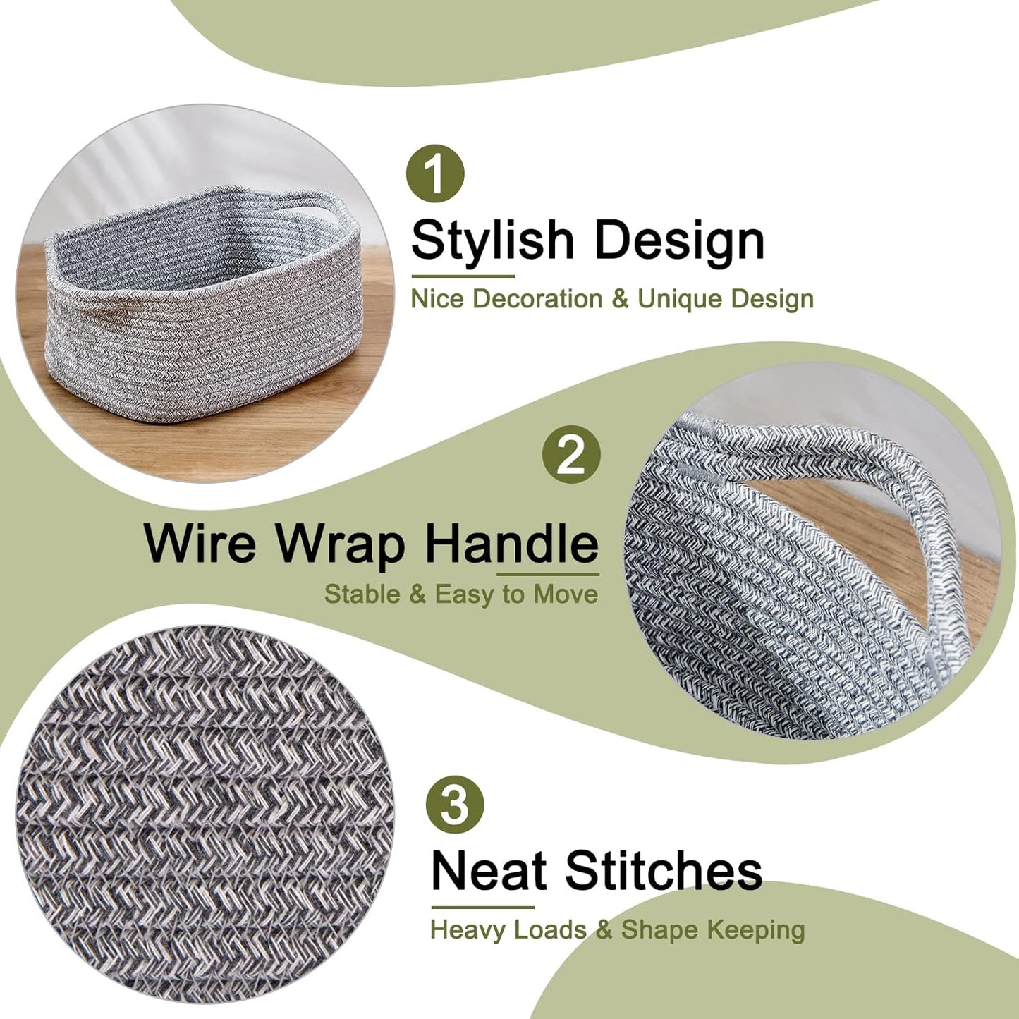 OIAHOMY Cotton Rope Baskets, Woven Baskets for Storage, Nursery Storage Baskets, Rectangle Storage Basket with Handles, Storage Baskets for Shelves, Pack of 3, Gray Variegated