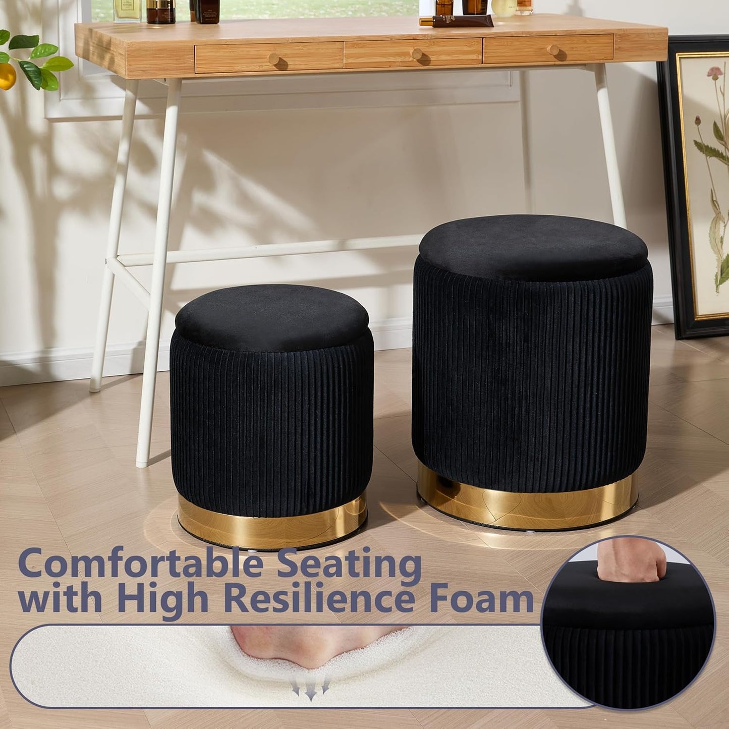 Royal Windsor Round Ottoman with Storage Set of 2, Vanity Stool with Storage for Bedroom, Ottoman Coffee Table Gold-Tone Ring Around The Base, Small Velvet Foot Stool for Living Room, Black