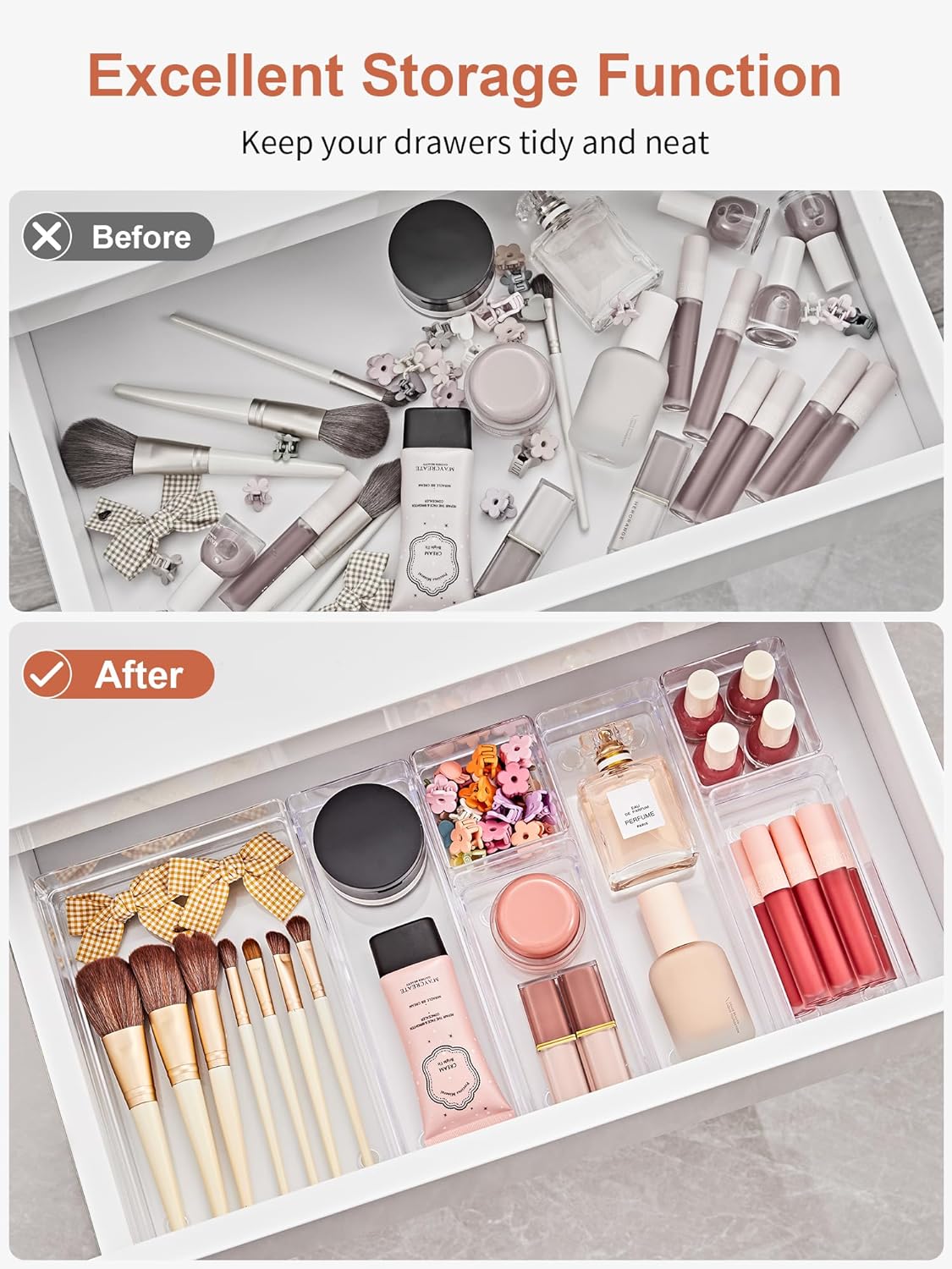 SMARTAKE 37-Piece Drawer Organizer with Non-Slip Silicone Pads, 4-Size Desk Drawer Organizer Trays Storage Tray for Makeup, Jewelries, Utensils in Bedroom Dresser, Office and Kitchen (Clear)