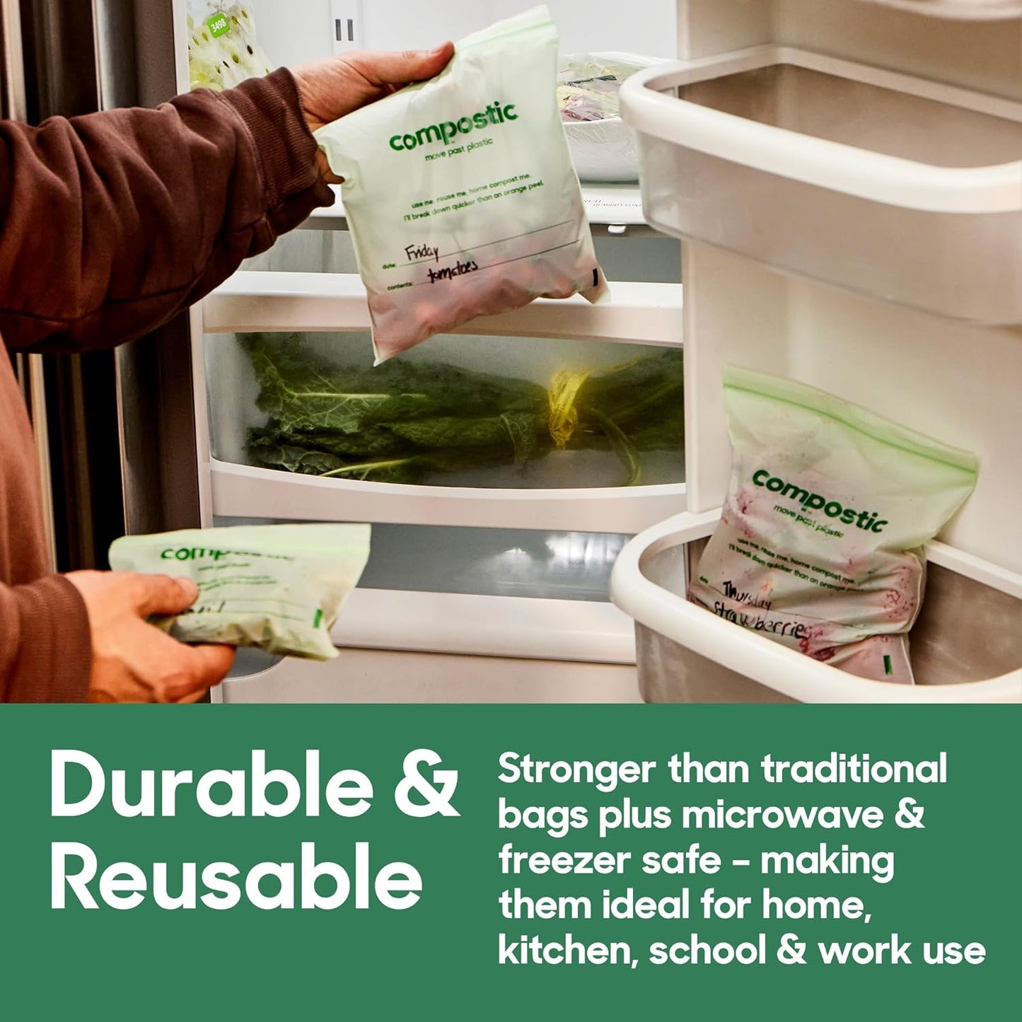 Compostic Home Compostable Resealable Gallon Bags (10.5"x10.5"), Microwave & Freezer Safe, Organic Food Storage Container, 100 Count (Pack of 1)