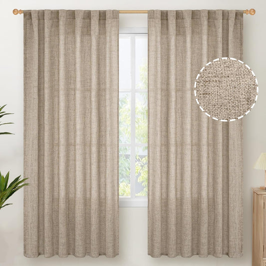 YoungsTex Dark Oatmeal Linen Semi Sheer Curtains 2 Panels for Living Room - Tan Window Drapes Light Filtering with Back Tab Rod Pocket Privacy for Farmhouse Bedroom, 52 X 72 Inch