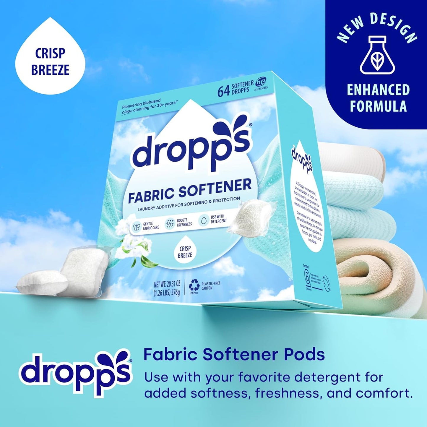 Dropps Laundry Fabric Softener Pods, Crisp Breeze (64 Pods) - Laundry Additive for Softening & Protection - HE Compatible Mineral Based Ingredients Laundry Supplies