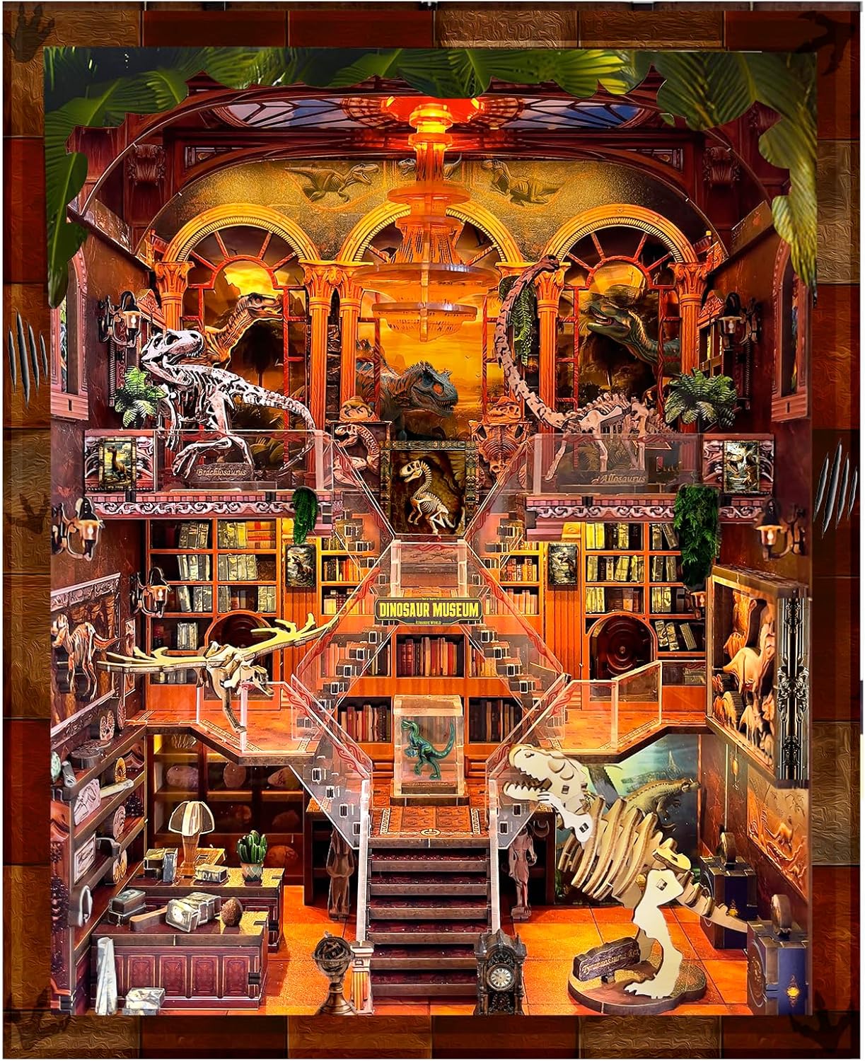 Book Nook Kit for Adults - DIY Dinosaur Museum Booknook, 3D Wooden Dollhouse Puzzle with LED Lights, Miniature Bookshelf Decor for Home Libraries