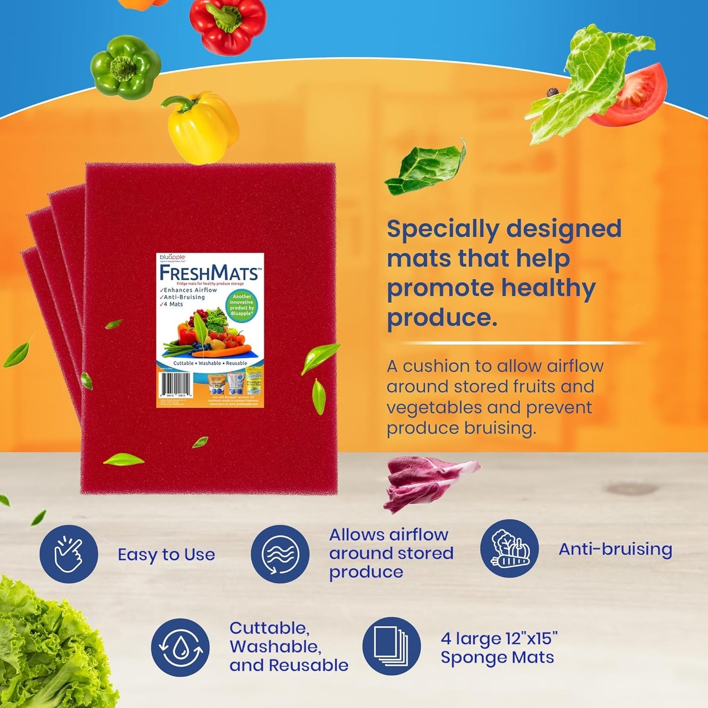 Bluapple FreshMats, Refrigerator Bin Liner, Fridge Drawer Mats, Crisper Life Extender Liner Keeps Produce Fresh Longer, Anti-Bruising, Helps Air Circulation, Washable & Reusable (4-Mats, 12x15, Red)