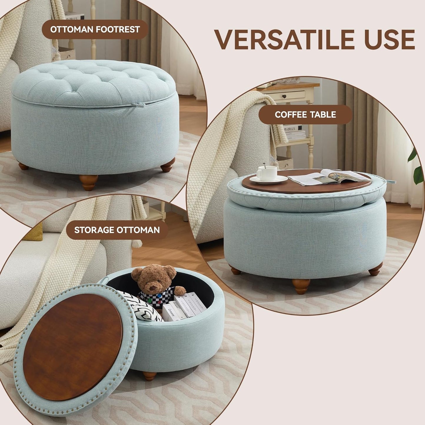 30Inch Round Storage Ottoman with Tray, Modern Tufted Fabric Circle Coffee Table with Storage, Upholstered Ottoman with Removable Top for Living Room, Bedroom, Light Blue