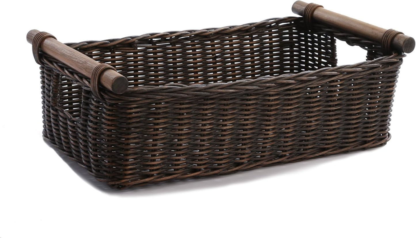 The Basket Lady Low Pole Handle Wicker Storage Basket, Small, 15 in L x 9 in W x 5 in H, Antique Walnut Brown