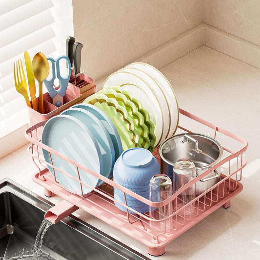 Iron Dish Drying Rack Auto Drain Dish Drainers Kitchen Counter Strainer with Draining Tray, Pink