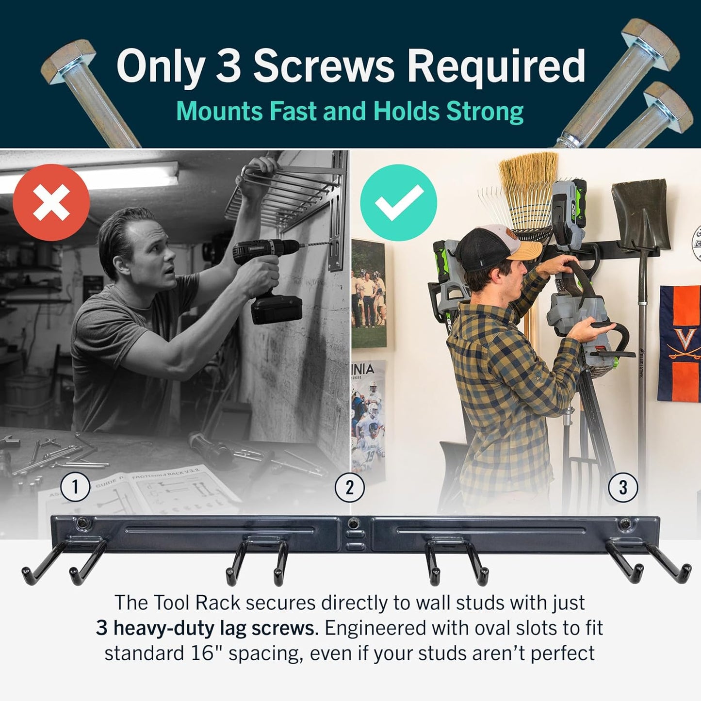 StoreYourBoard Wall-Mounted Rack With 4 Garage Hooks – Heavy-Duty Steel Holder Garage & Garden Storage for Shed, Workshop, or Home Organization – For Rakes, Shovels, Tools & More – 1 Pack, Deep Water