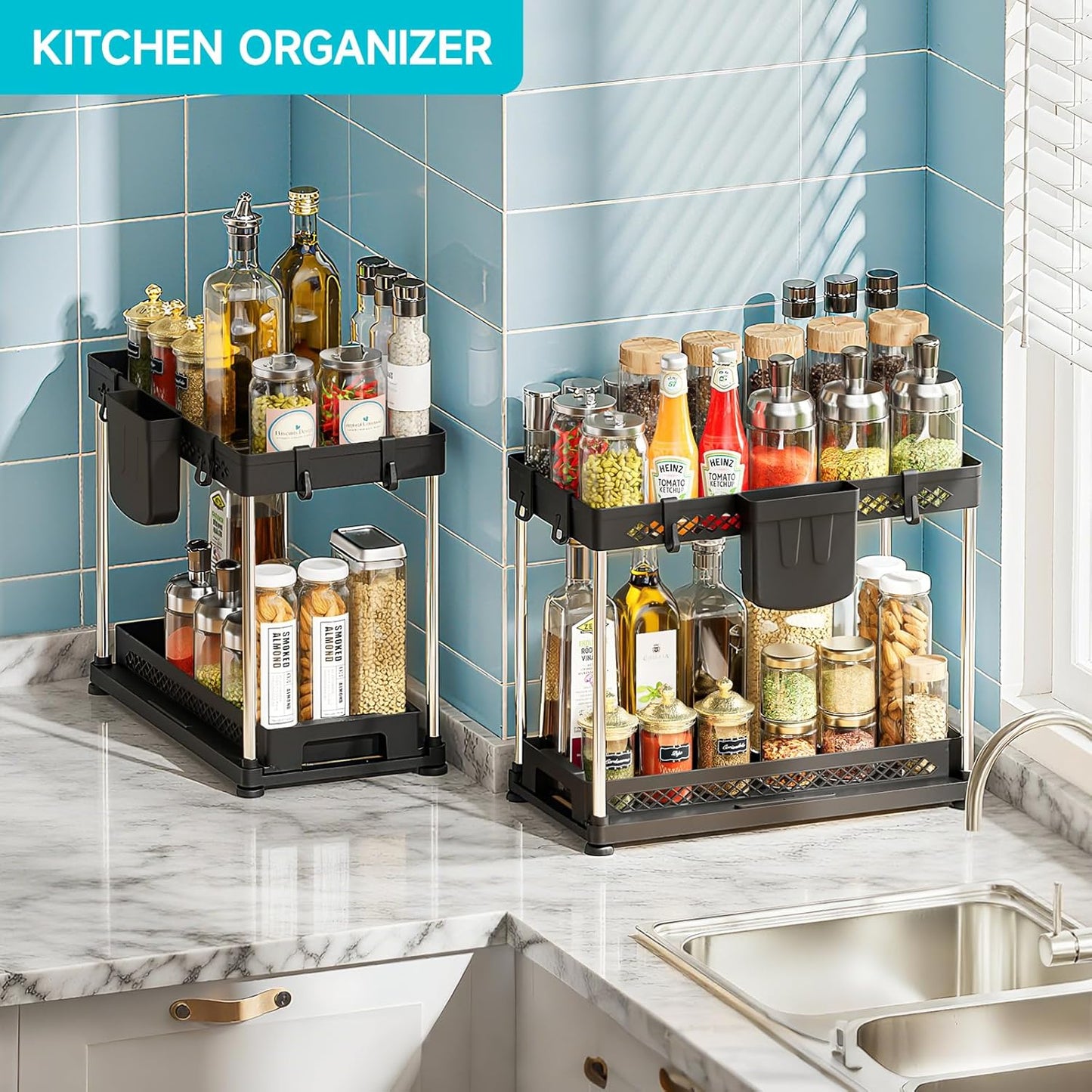 Under Sink Organizer, 2 Tier Pull Out Cabinet Organizer with Hooks Hanging Cup, Easy Installation & Rust-resistant, Multi-Purpose Storage Shelf for Kitchen Bathroom Pantry (Black, 2 Pack)