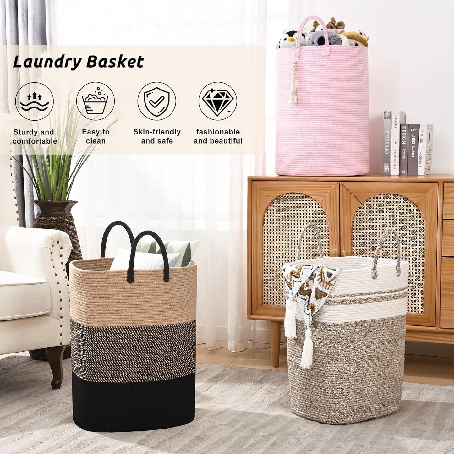 Woven Laundry Basket for Clothes, 65L Large Rectangle Laundry Hampers with Beads Tassel, Nursery Storage Basket for Toys, Tall Dirty Clothes Hamper for Bedroom Aesthetic, Laundry Room Organization