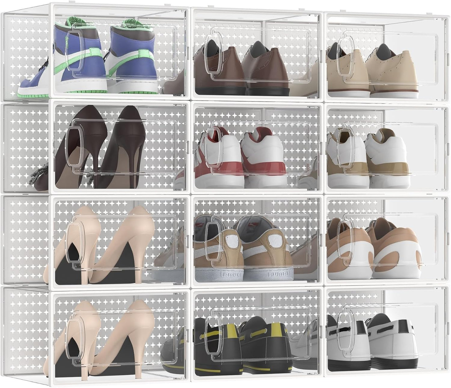 12 Pack X-Large Modular Clear Plastic Stackable Shoe Storage Organizer for Closet, Portable Space Saving Versatile Sneaker Shoe Rack Containers Bins Holders, White0303