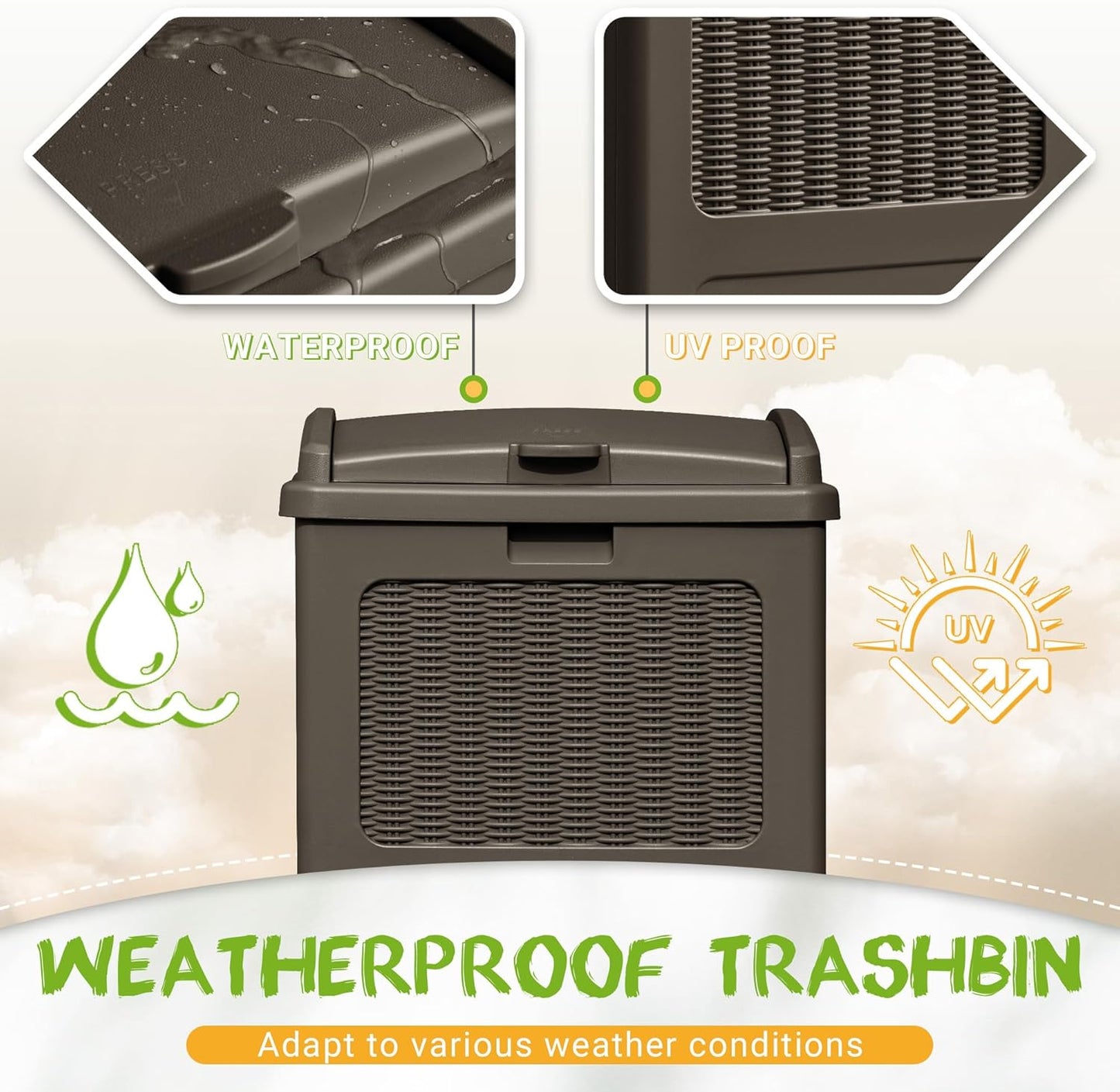 YESHOMY 33 Gallon Resin Outdoor Trash Can with Lid, Hideaway Waterproof Patio Garbage Bin, Brown