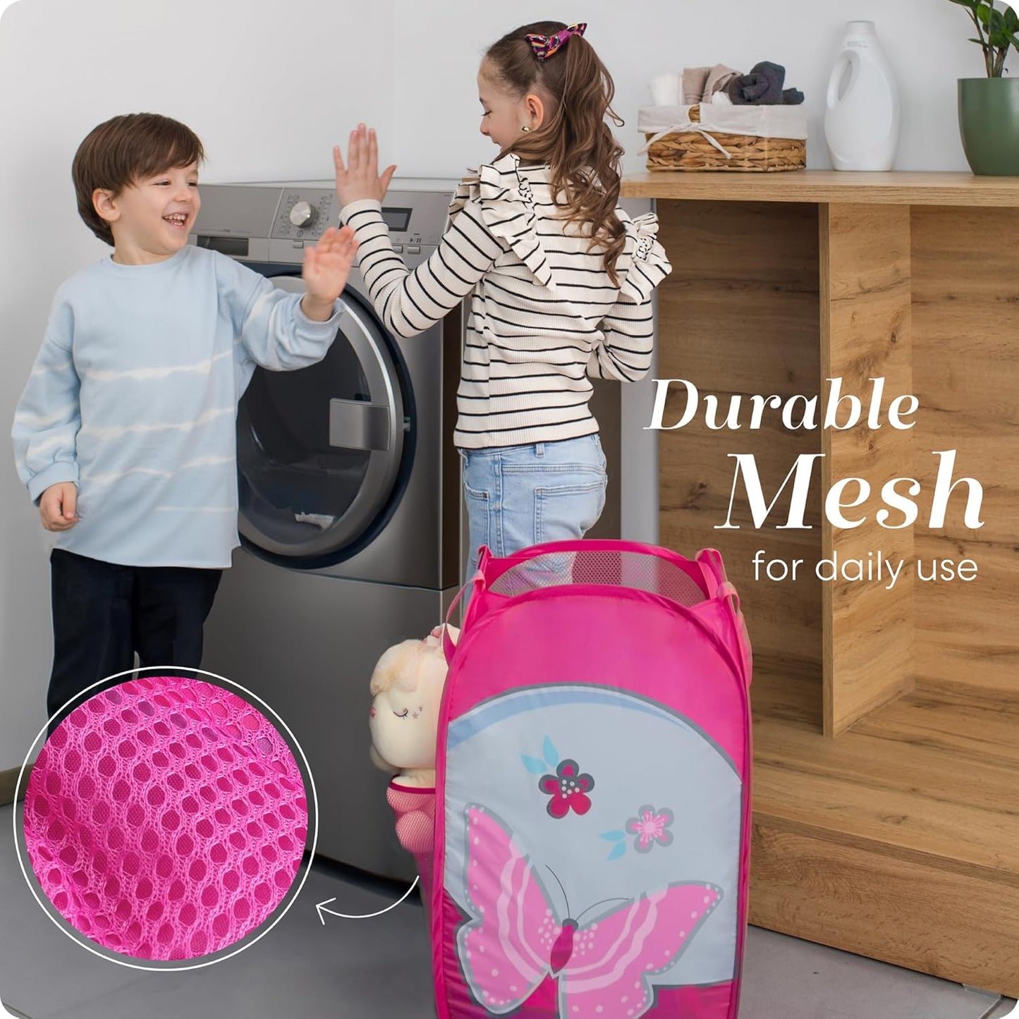 Handy Laundry Collapsible Mesh Pop Up Hamper with Wide Opening and Side Pocket - Breathable, Sturdy, Foldable, and Space-Saving Design for Clothes and Storage (Butterfly)