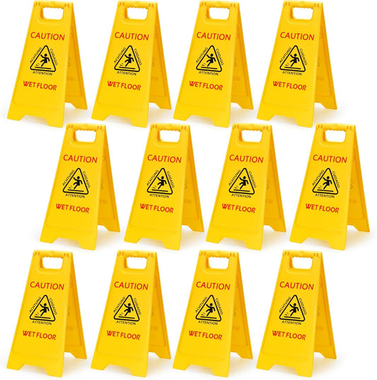 MATTHEW CLEANING 25'' Industrial Wet Floor Sign 12 Pack 2-Sided Safety A-Frame Birght Yellow Multilingual Warning Signs Commercial Caution Wet Fold-out Floor Signs For Indoors and Outdoors