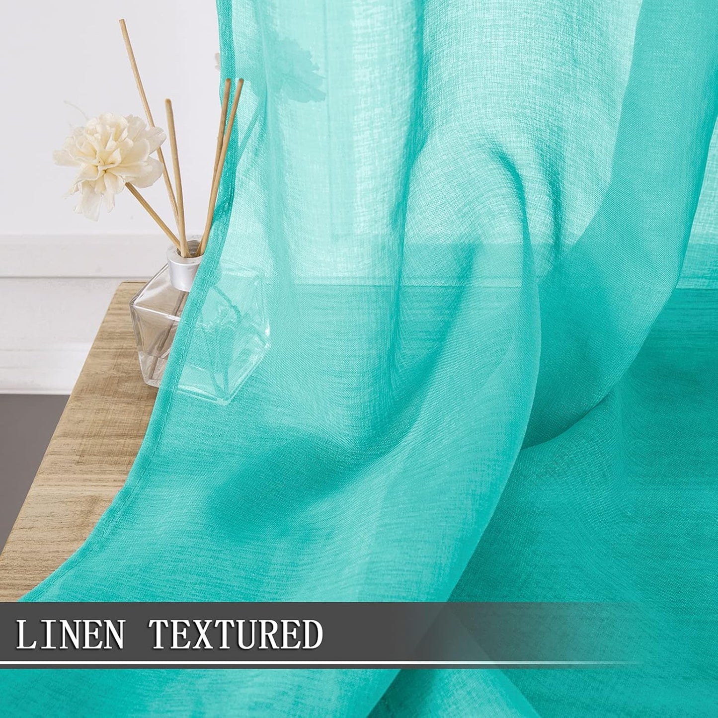 Tollpiz Short Sheer Curtains Linen Textured Living Room Curtain Sheers Light Filtering Rod Pocket Voile Curtains for Bedroom, 42 x 45 inches Long, Aqua Blue, Set of 2 Panels