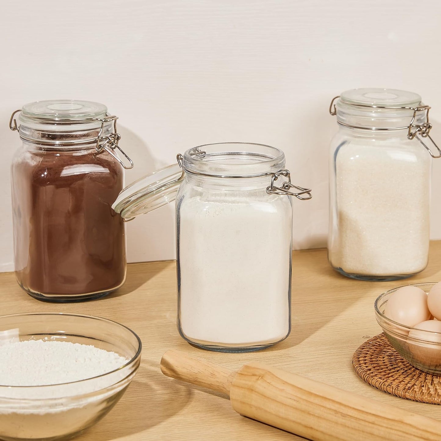 CHEFSTORY 50oz Airtight Glass Jars with Lids, 3 PCS Food Storage Canister for Kitchen & Pantry Organization, Square Mason Jar Containers for Storing Sugar, Flour, Cereal,Coffee,Cookies