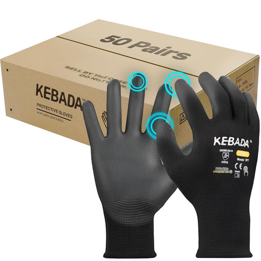 Kebada W1 Safety Work Gloves, PU Coated Touch Screen Work Gloves with Grip, Bulk Pack Working Gloves for Warehouse, Construction, Gardening and Mechanic Use, Black, 50 Pairs, X-Large