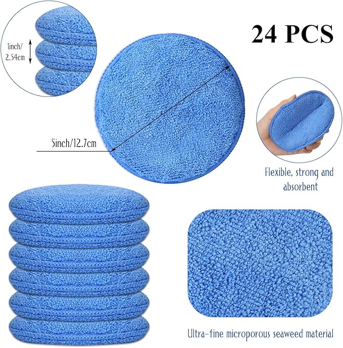 Tanlade 24 Pcs Car Detailing Microfiber Applicator Pad Wax Applicator Wash Microfiber Pads, 5 Inch Diameter (Blue)