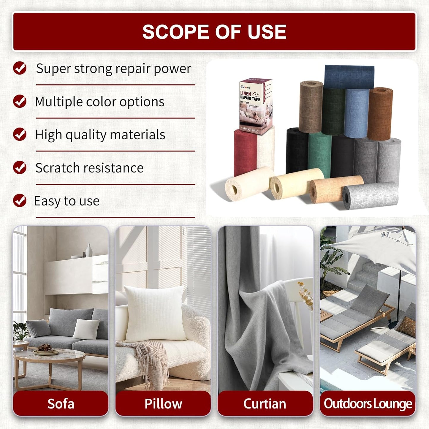 Linen Repair Tape 16x90 inch, Self Adhesive Fabric Patches, Linen Patch Tape Kit, Fabric Repair Tape for Couch Sofas, Headboards, Chairs, Pillows, Curtains, Couches - Brown