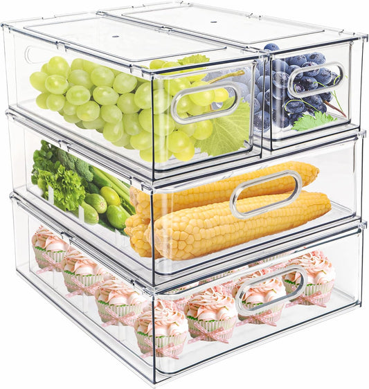 MineSign 4 pack Stackable Refrigerator Organizer Bins Pull-Out Drawers for Fruit and Veggies Storage Organizer for Fridge Clear Drawer Containers with Handle Divided Organization for Produce Saver