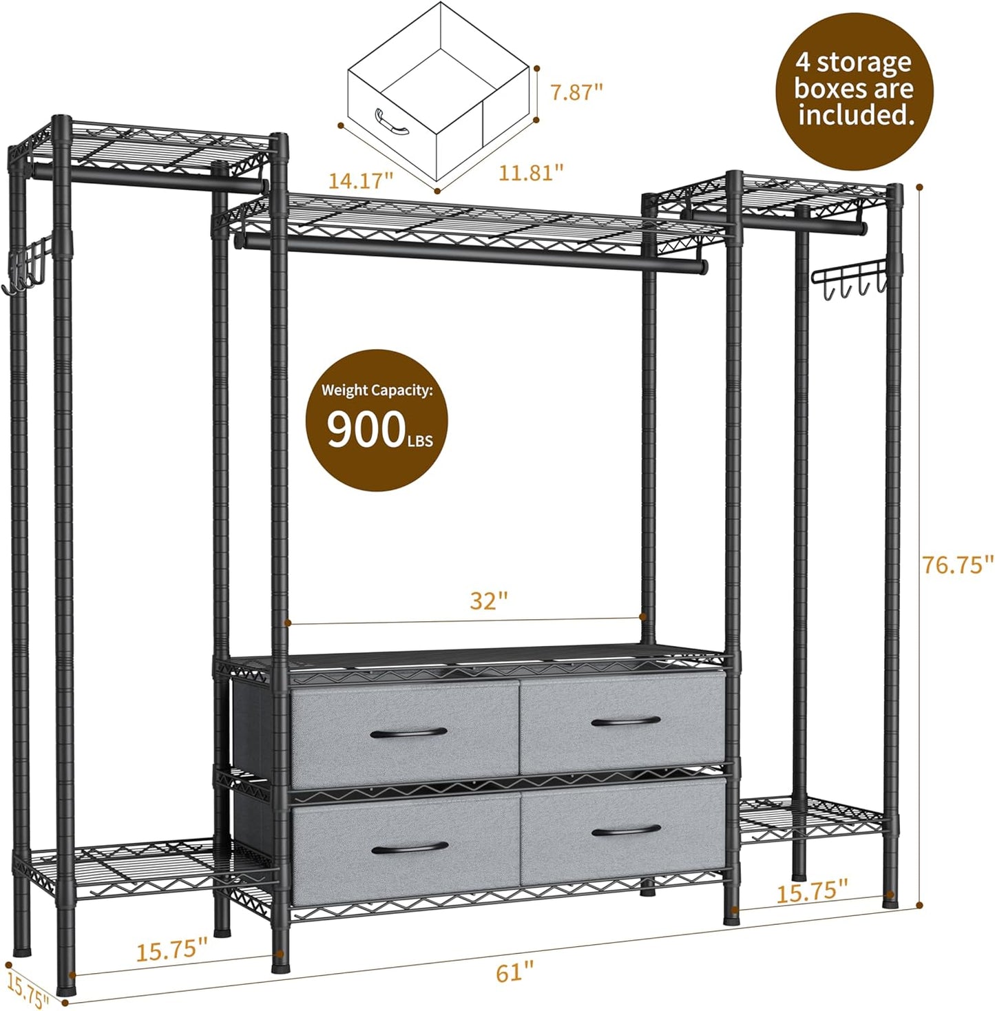 Large Garment Rack Heavy Duty Clothes Rack,Freestanding Closet Portable Clothing Rack with 8 Adjustable Wire Shelves,3 Hang Rods,4 Fabric Drawers,2 Hooks,Metal Closet Storage Wardrobe,MaxLoad 900lbs
