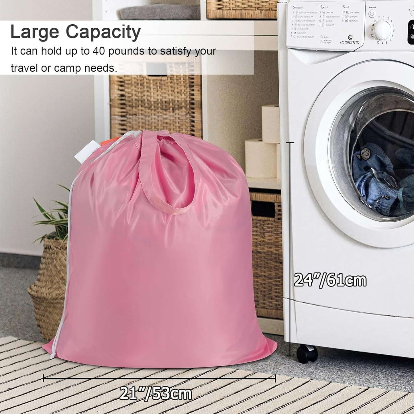 Polecasa Small Heavy Duty Laundry Bag with 130gsm Tear Resistant Fabric and Handles, Easy to Carry Durable Dirty Clothes Drawstring Bag, Perfect for College Dorm, Travel, 2 Pack 21”x24”,Pink