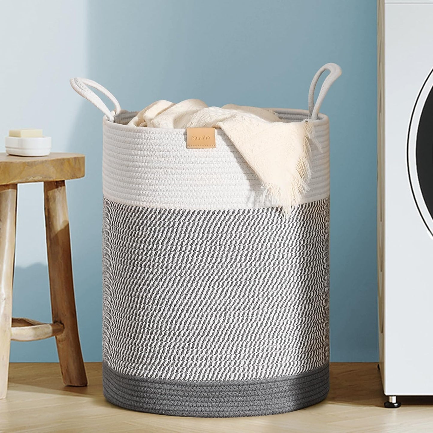 Laundry Hamper 62L,Large Laundry Basket for Clothes,Decorative Storage Basket for Blankets,Cotton Rope Woven basket for bedroom,Grey White
