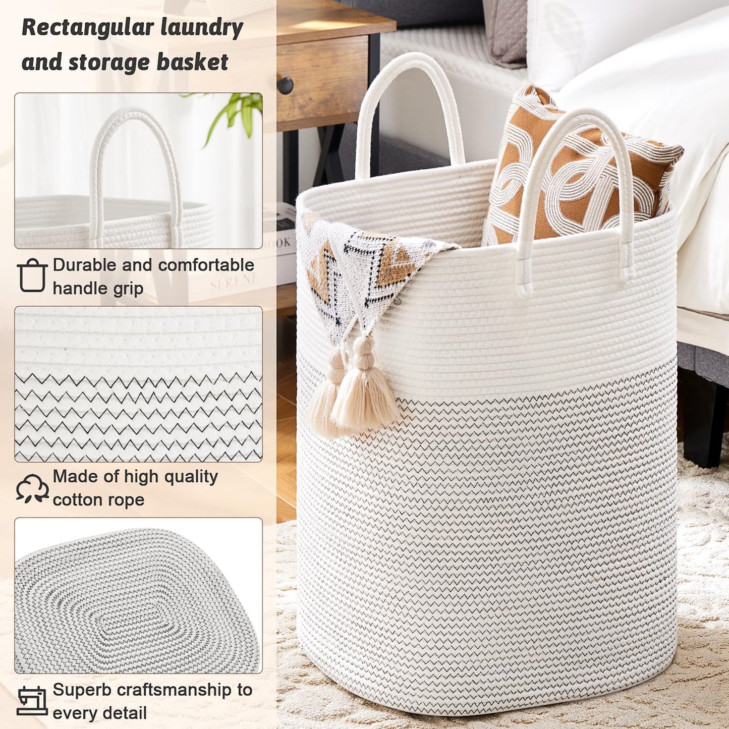 Laundry Basket,Woven Cotton Rope Laundry Hamper,Versatile Storage for Dirty Clothes,Baby Toys,and Blankets in Bathroom, Nursery,and Living Room (White, 60L)