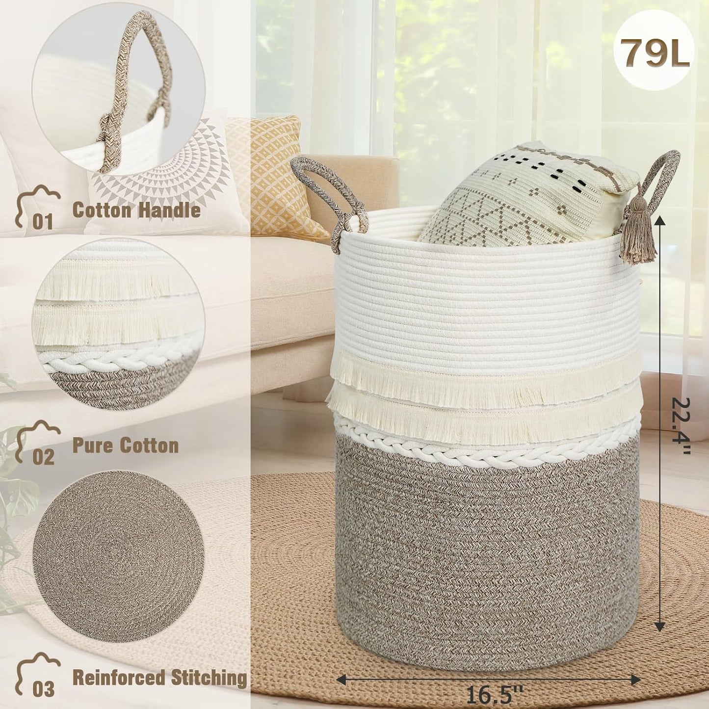 danpinera 79 L Large Laundry Basket, Tall Woven Cotton Storage Hamper with Handles, Dirty Clothes Hamper in Bathroom, Decorative Storage Basket for Living Room White & Brown