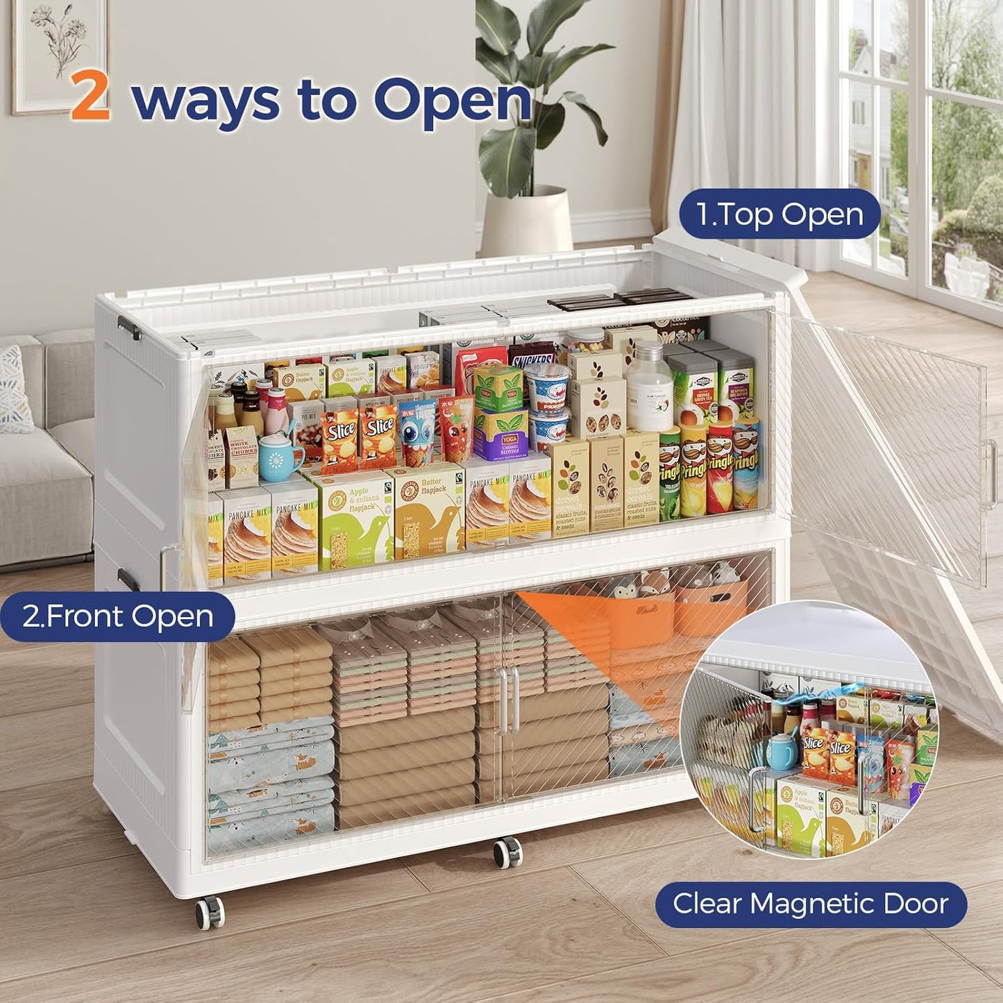 200GAL Extra Large Storage Bins with Lid, 800QT Collapsible Organizer with Wheels, Stackable Closet Cabinet with Doors, Folding Storage Containers for Home, Office, Dorm, 4Pack White