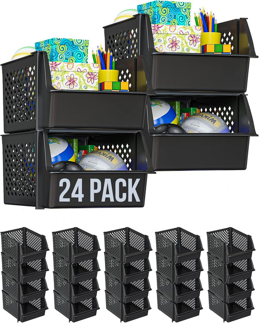 Skywin TidyFriend Plastic Stackable Storage Bins for Pantry, 24 Pack Stackable Bins for Organizing Food, Kitchen, and Bathroom Essentials (Black)