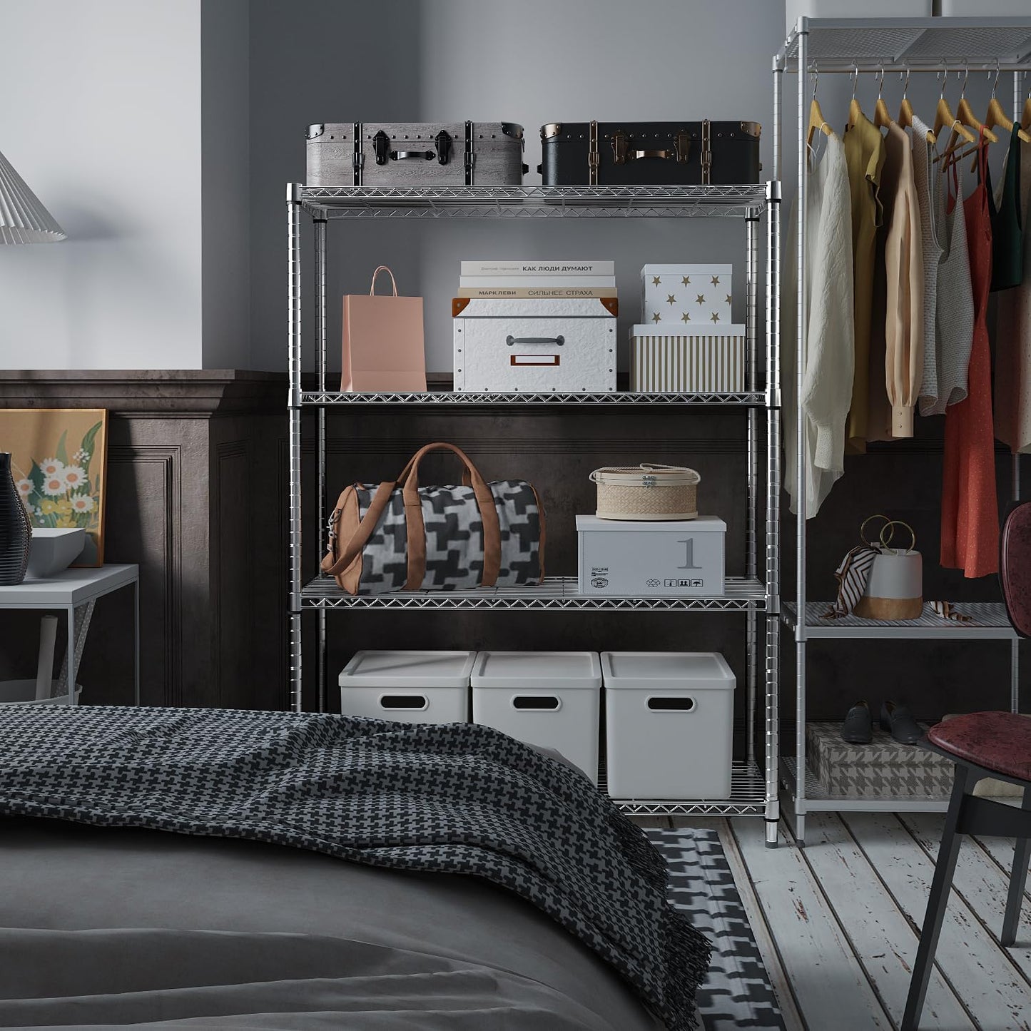 IZEUK 1400 LBS Garage Chrome Shelving Wide Storage Shelves 4 Tier Adjustable Heavy Duty Metal Wire Rack Standing Shelf Unit for Kitchen Office College Dorm Garage Warehouse 15.8" x 45.8"x 59.4"