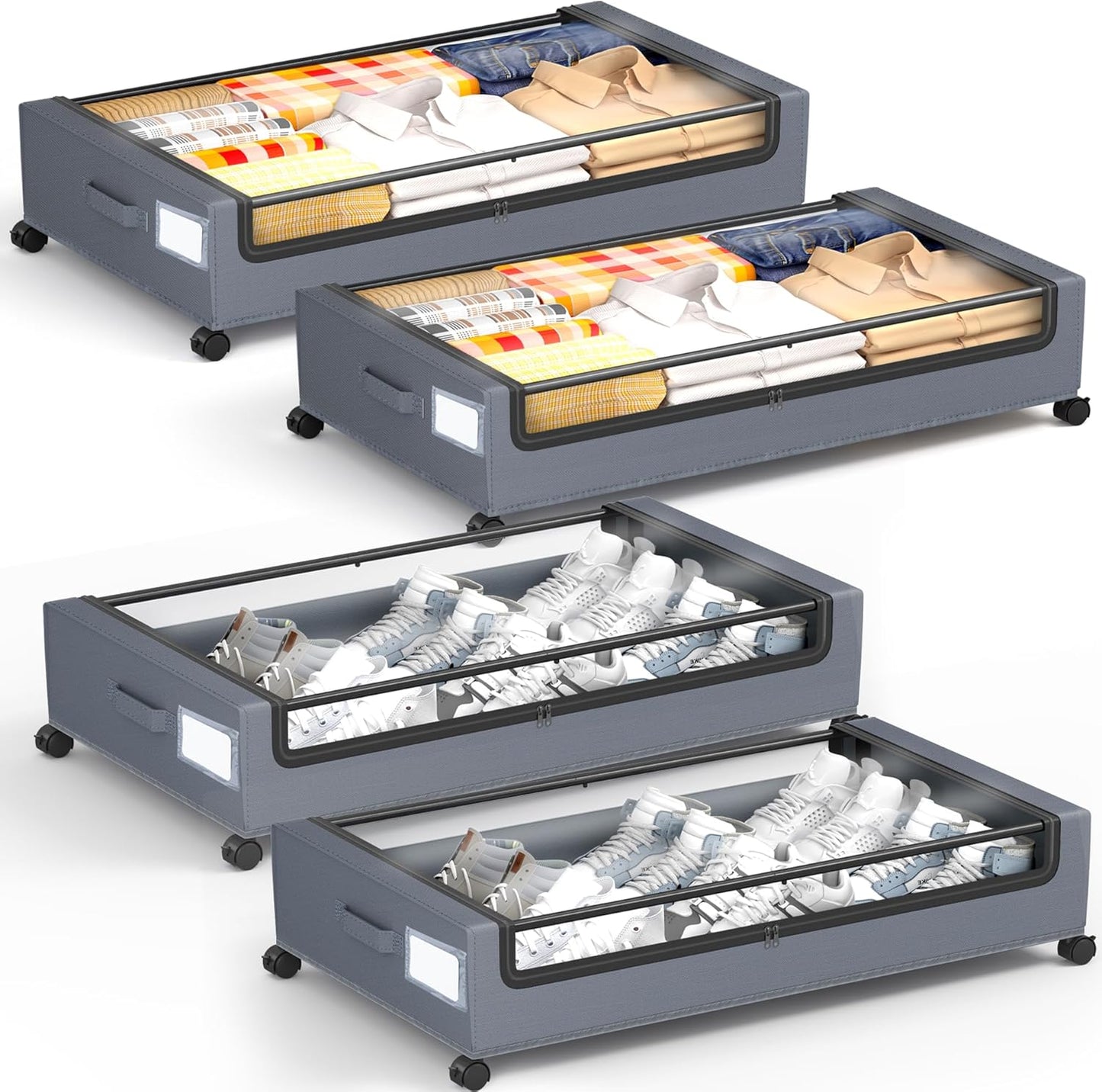 Under Bed Storage with Wheels, Square Under Bed Storage Containers, 4 Pack Under The Bed Storage Bins, Under Organizer with Clear Lids-60L Rolling Underbed Storage For Clothes, Shoes...
