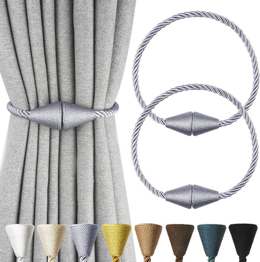 2 Pack Magnetic Curtain Tiebacks Rope Modern Handmade Curtain Tie Backs Decorative Drapes Weave Holdbacks for Window Décor, Grey