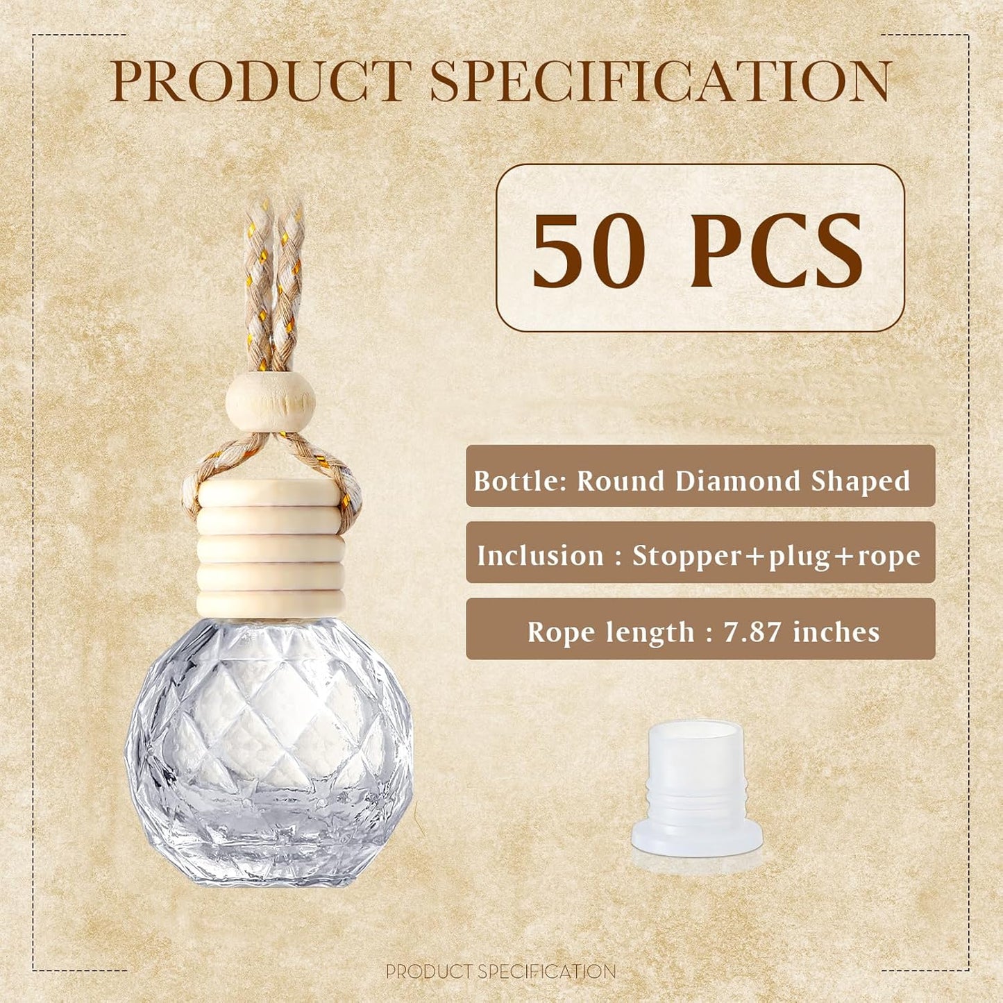 BBTO 50 Pcs Hanging Car Air Freshener Car Diffuser Bottles Empty Glass Perfume Bottle Freshener Diffuser Bottle Pendant for Essential Oil Fragrance Aromatherapy Bottle Ornament(Round Diamond)
