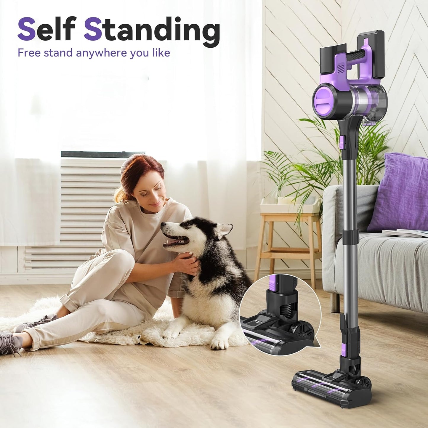 DEVOAC S10 Cordless Vacuum Cleaner, 45Kpa 50mins Lightweight Stick Vacuum with Powerful Suction for Home, Rechargeable, Self-Standing, Handheld Vacuum Cleaners for Hardwood Floors, Carpets Violet
