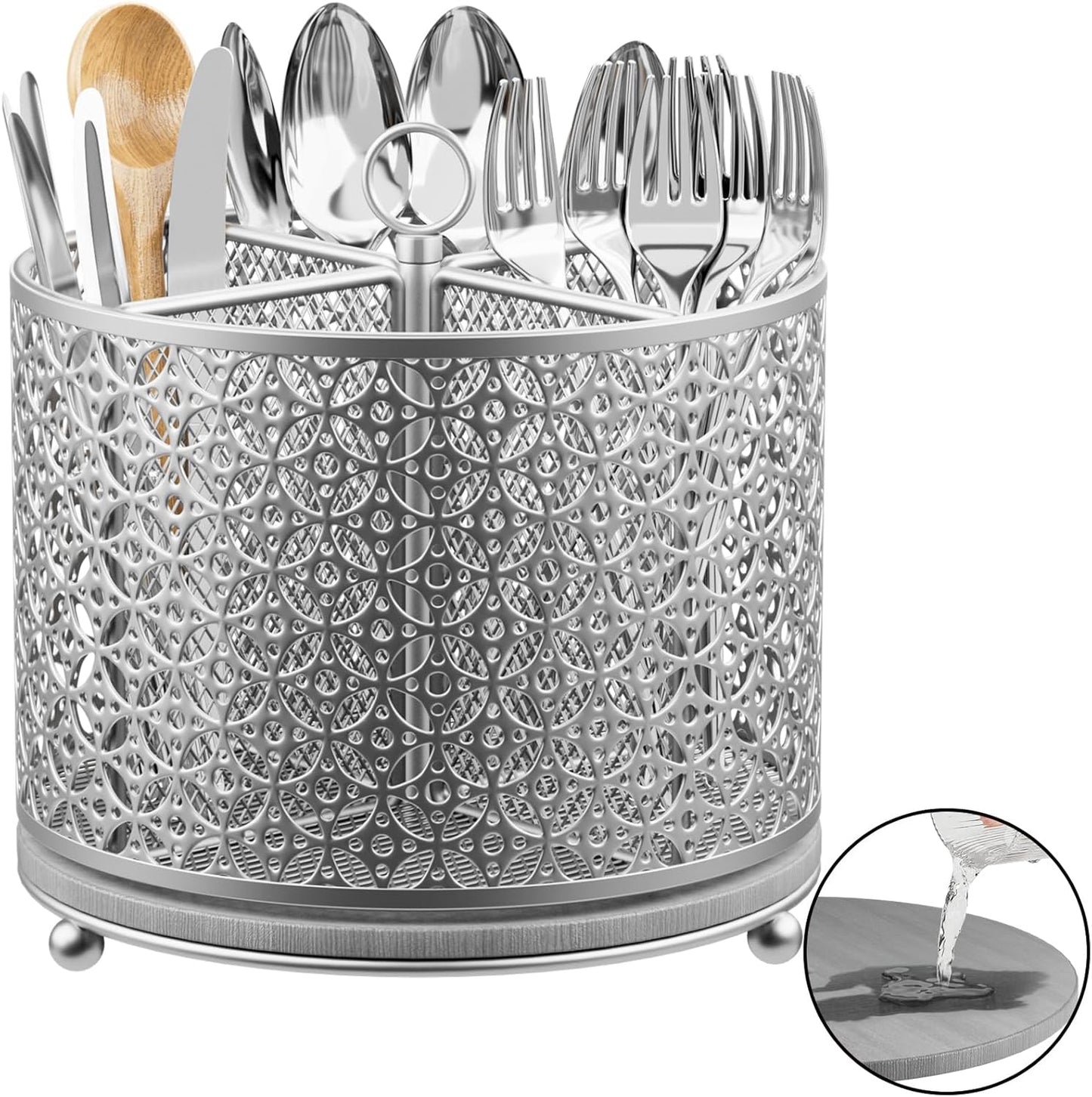 Rotating Utensil Holder for Kitchen - Silverware Caddy Fast-Drying Flatware Organizer 4 Compartment Large Cutlery Holder Utensils Caddy with Handle For Kitchen Countertop Party Picnic Table Silver