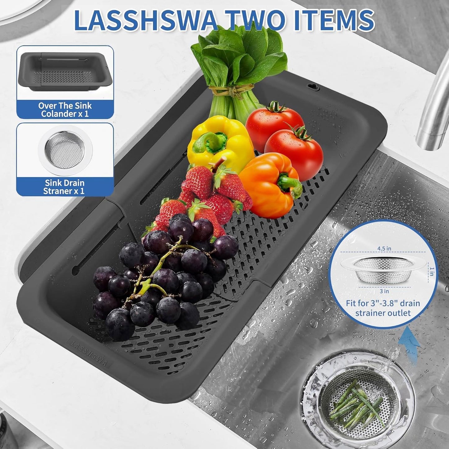 LASSHSWA Collapsible Colander and Strainer for Kitchen, Over the Sink Strainer Basket for Kitchen, Fruit Pasta Food Strainer Expandable Plastic Colander with A Sink Drain Strainer Stainless Steel