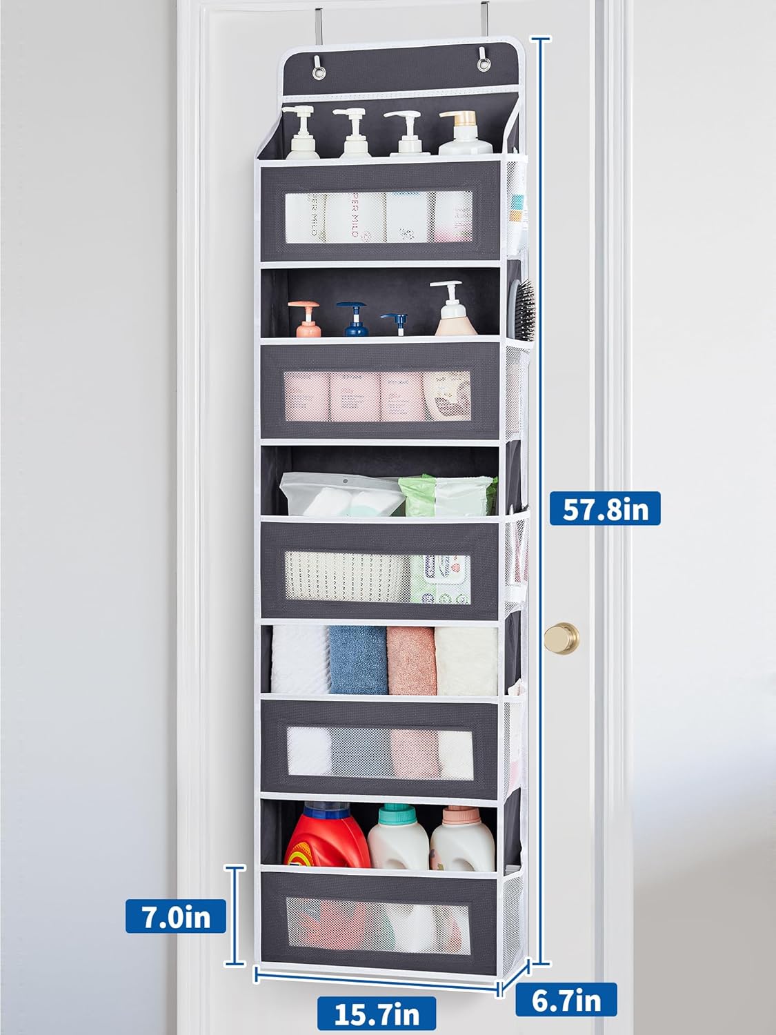 JARLINK Over The Door Organizer, 5 Shelf Door Hanging Organizer with 5 Large Pockets, 44 lbs Weight Capacity Hanging Storage for Bathroom, Bedroom, Nursery, RV, Pantry (Dark Grey)