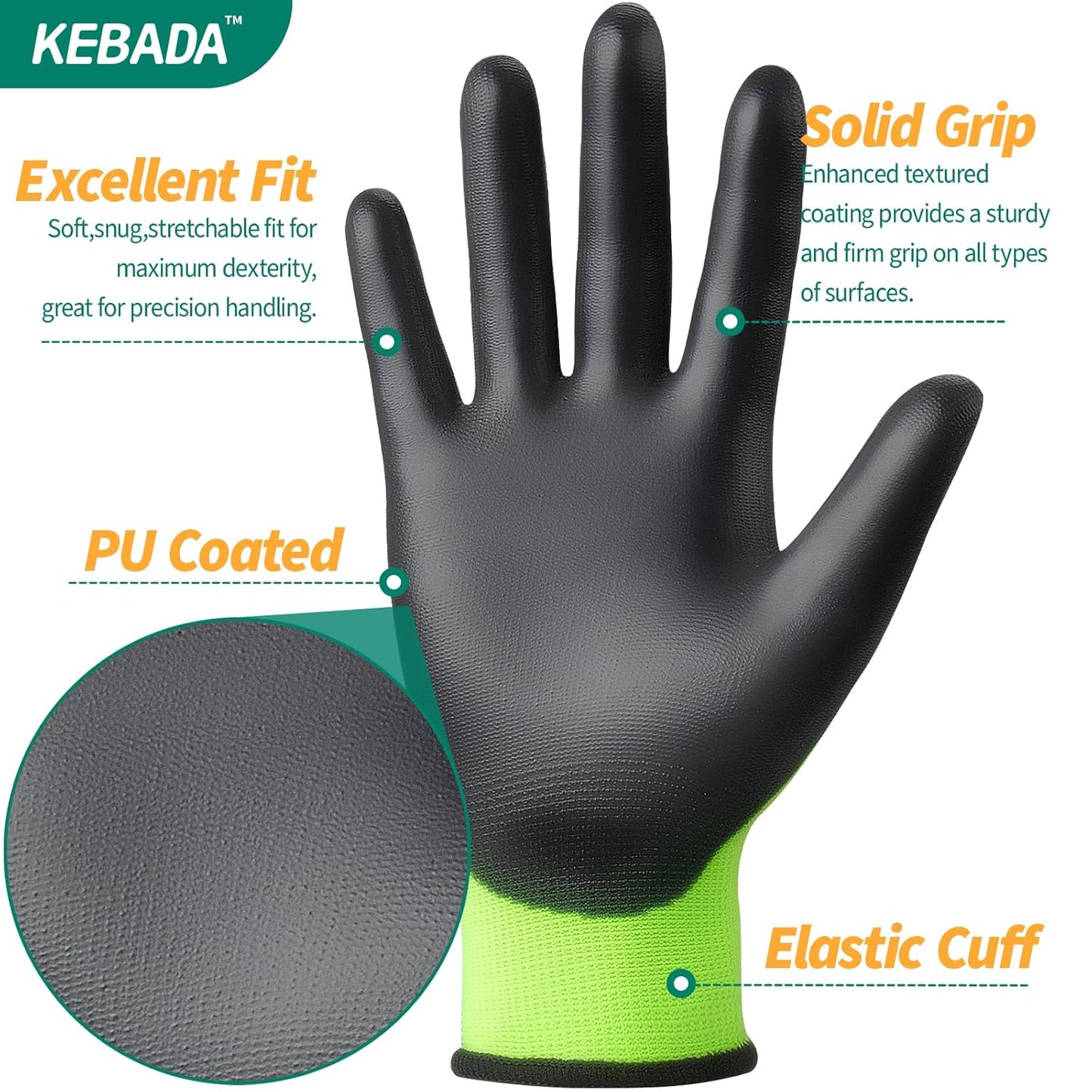Kebada W1 Work Gloves for Men and Women, Touchscreen PU Coated Gloves with Grip, 50 Pairs Bulk Pack, Ideal for Warehouse Package Handling, Construction, Gardening, Green Small