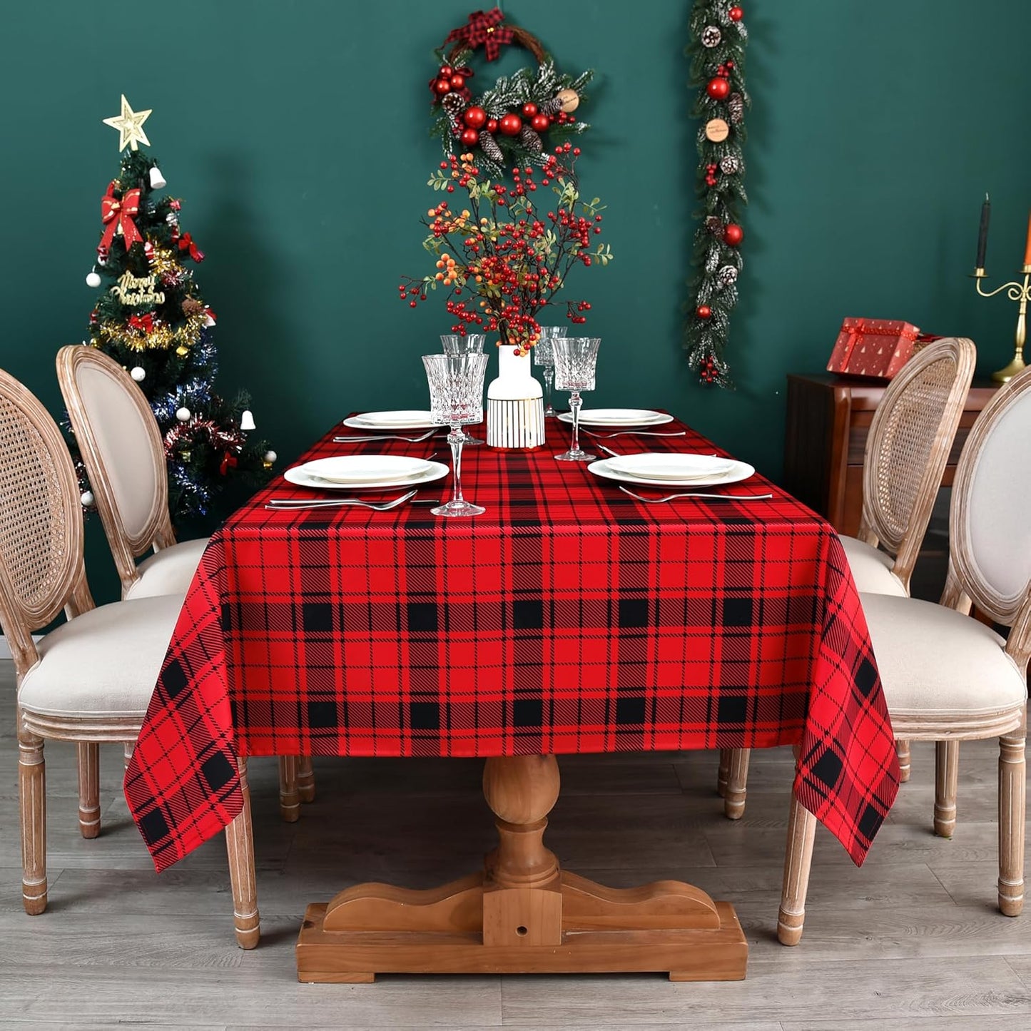 Classic Gingham Buffalo Xmas Tablecloth Fabric - Oblong 58x144 Inch Water Proof Checkered Table Cloth for Indoor Outdoor - Red Christmas Plaid Table Cover for Christmas, Holiday, New Year
