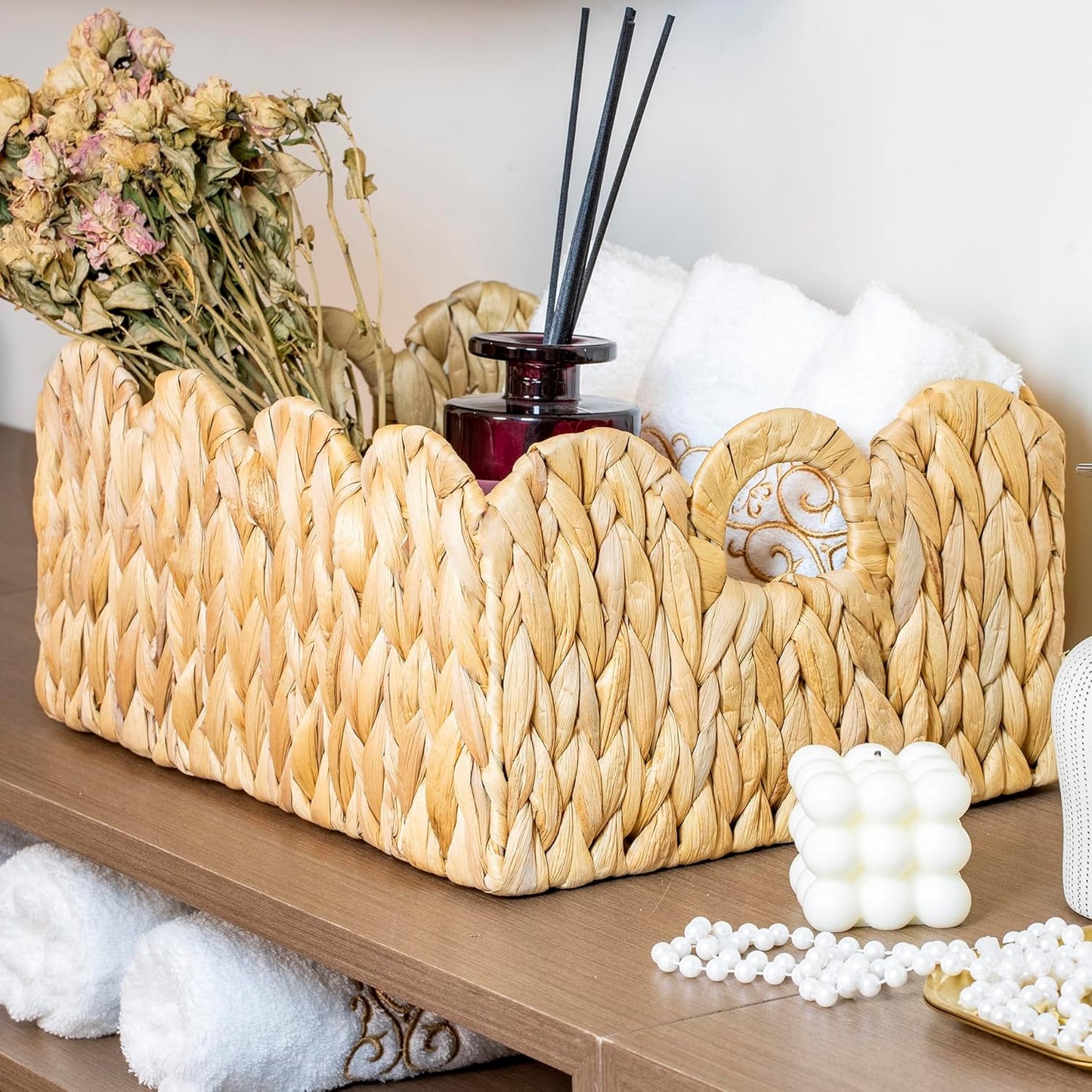 Scalloped Basket Wicker & Rattan Storage Basket with Built-in Handles, Large Woven Water Hyacinth for Nursery & Bathroom Organization 2 Pack