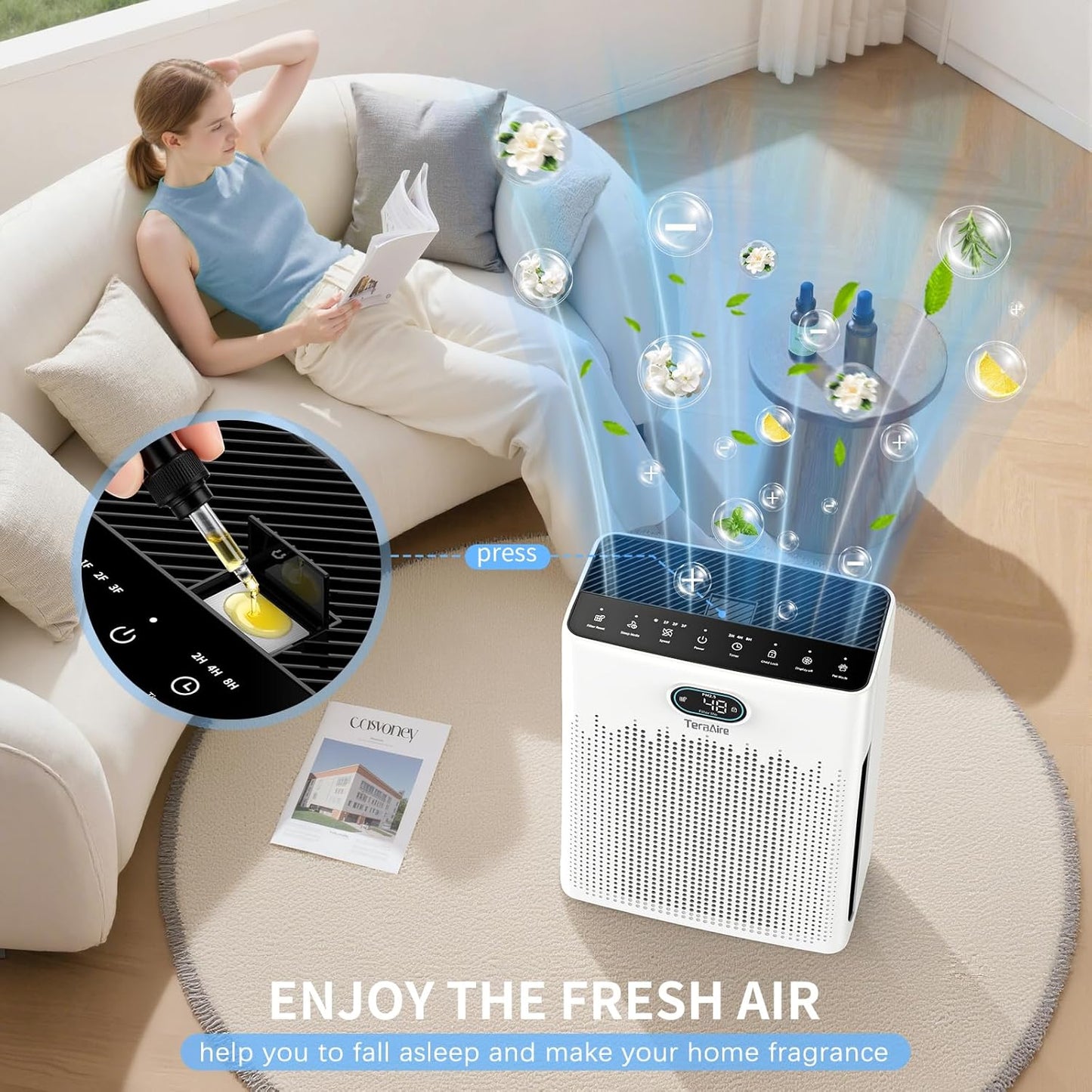 Air Purifiers for Home, PM 2.5 Air Quality Monitor Cover Up to 2200 Ft² with Pet mode, Timer, HEPA Air Purifier with Washable Pre-filter, Fragrance Sponge for Smoke, Odor, Dander, Pollen (Black)