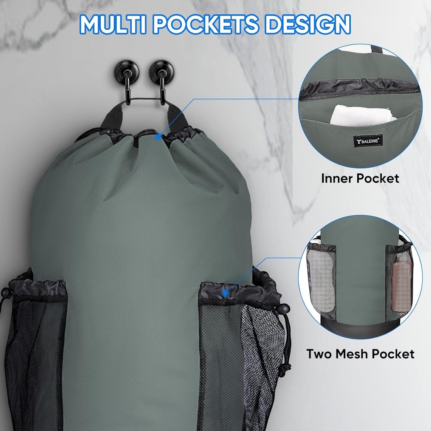 BALEINE 150L Laundry Bag Backpack, 900D Oxford Fabric Large Travel Laundry Bags with Shoulder Straps and 2 Mesh Pockets for College Dorm, Apartment, Laundromat (Dark Grey, 150L)